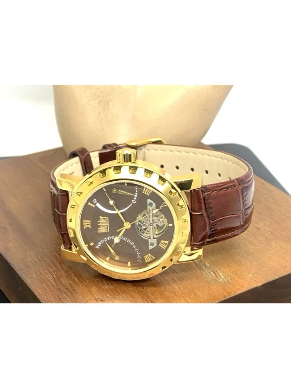 Wohler Men's Watch Automatic Gold Tone Case Brown Dial Leather Strap 42mm